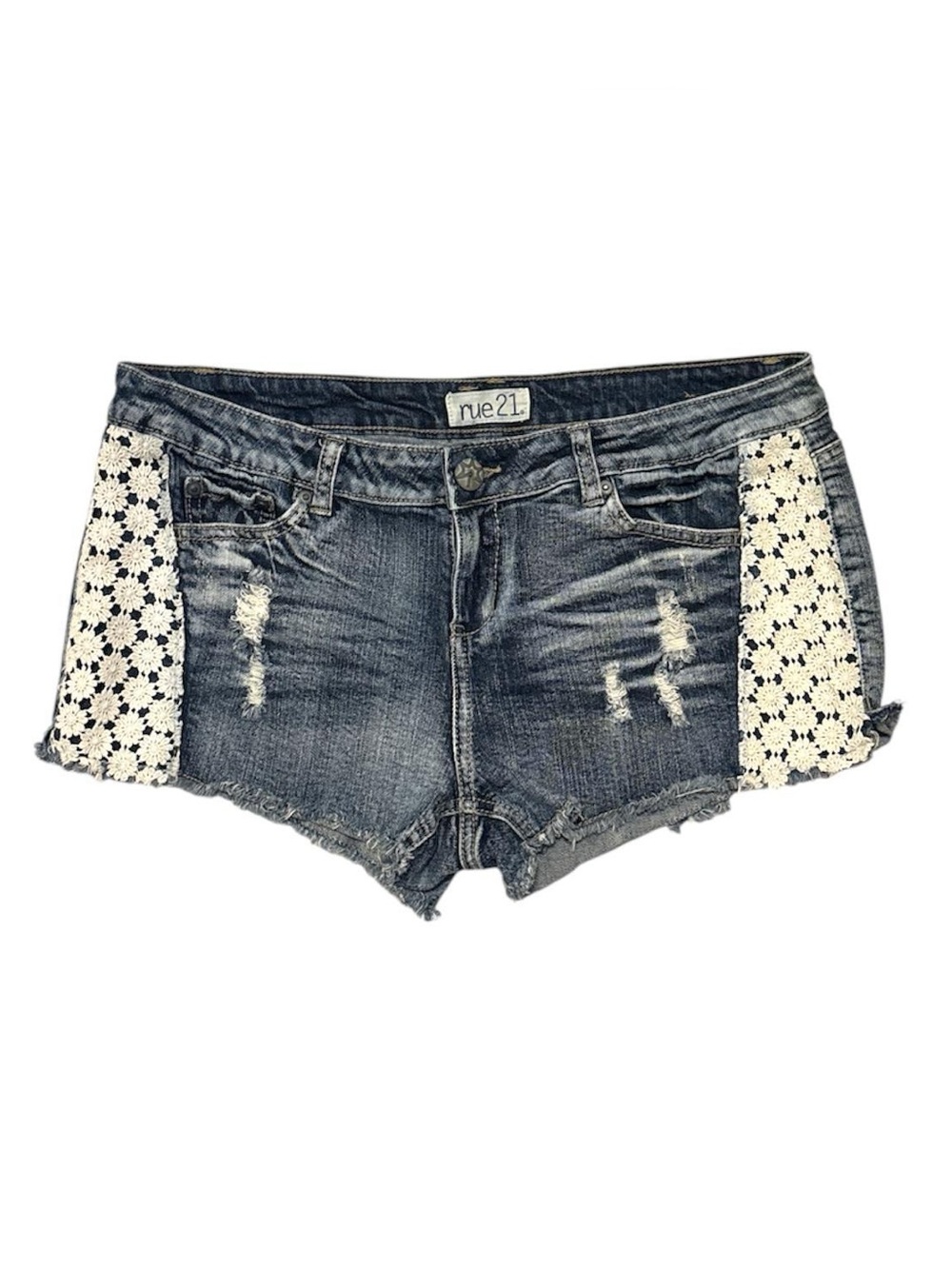 VTG Y2K Rue 21 Ripped Boho Denim Shorts with Floral Lace Detailing